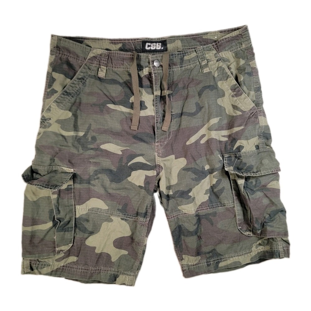 CSG Mens 42 Camo Cargo Shorts Green Camouflage Ripstop Drawstring Waistband